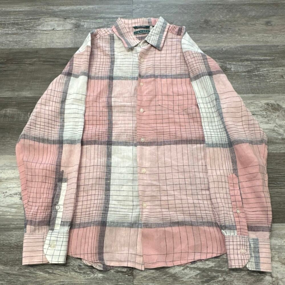 Cubavera Windowpane Plaid Pink Mens M Patterned 100% Linen Button Up‎ Shirt